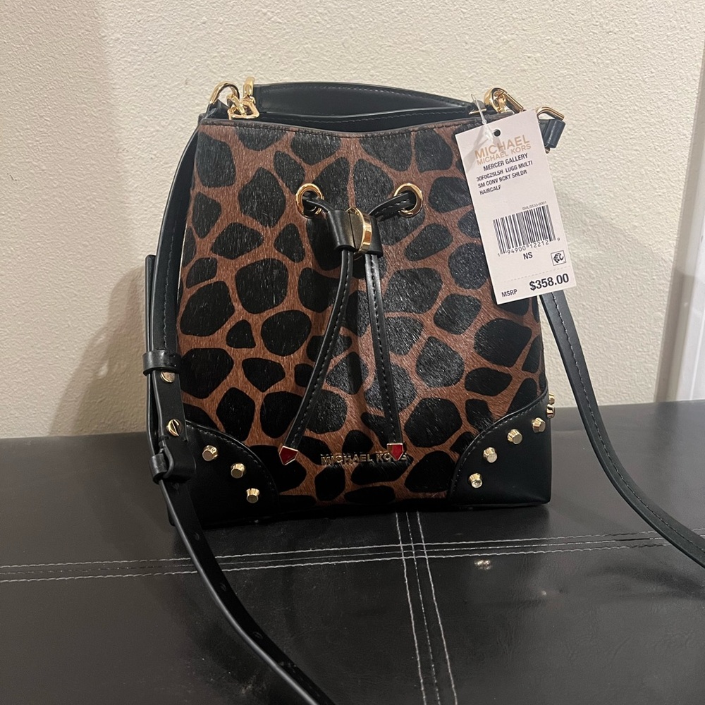 Michael Kors Black and Brown Giraffe Print Bucket Bag